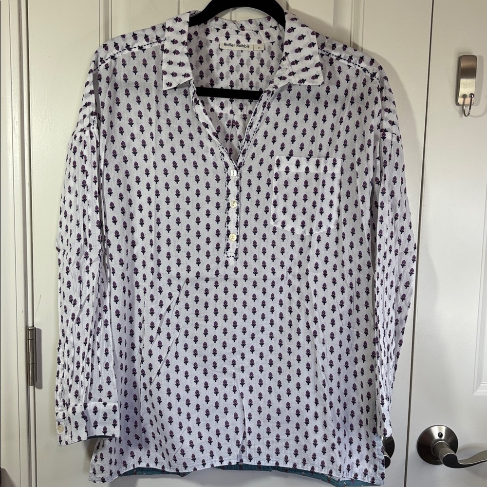 Roller Rabbit Tiny Floral Print Long Sleeve Tunic Blouse Size Extra Small